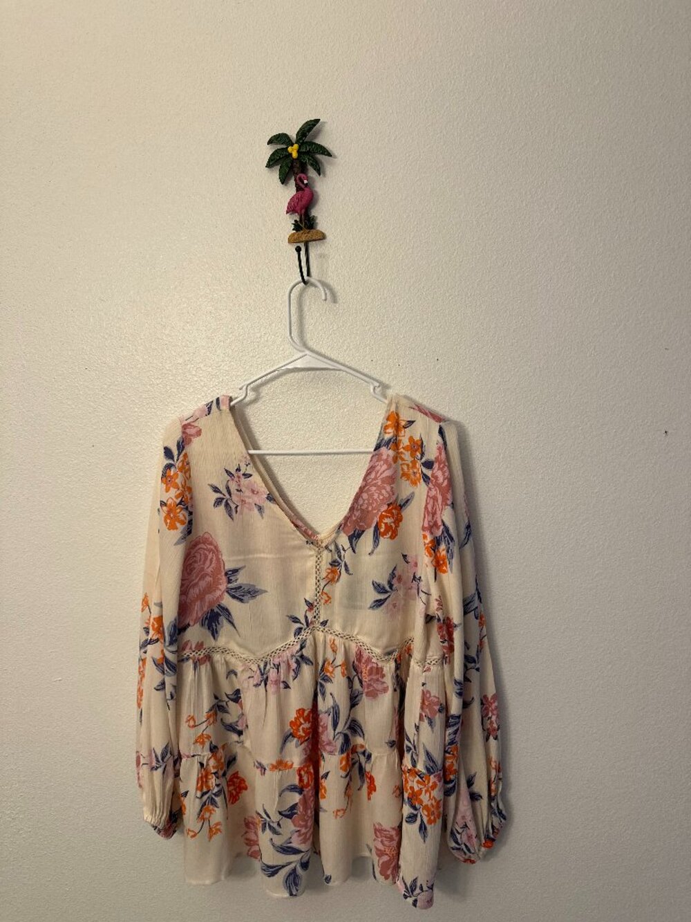 Angie Floral Boho Babydoll Peasant Blouse Size Large Ivory Rayon Cottagecore